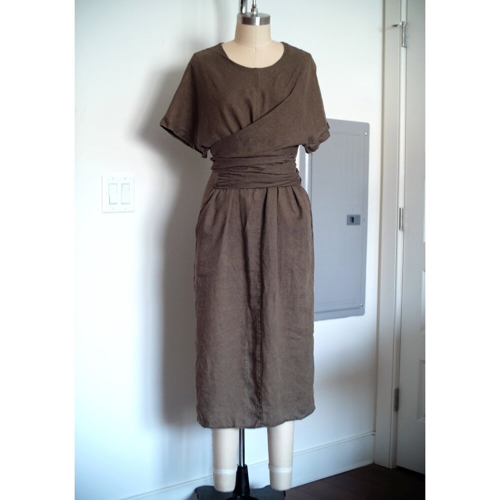 525 America Linen Midi Tie Waist Dress Olive Green Size Medium